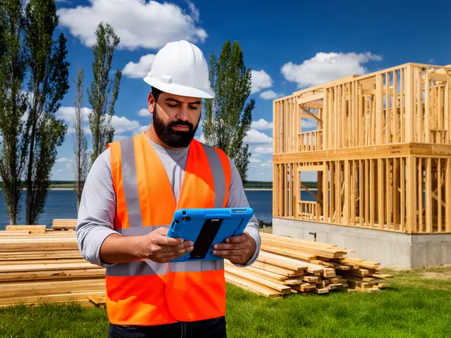 Builder in a white hard hat and orange safety vest checking a tablet beside a timber-framed lake house