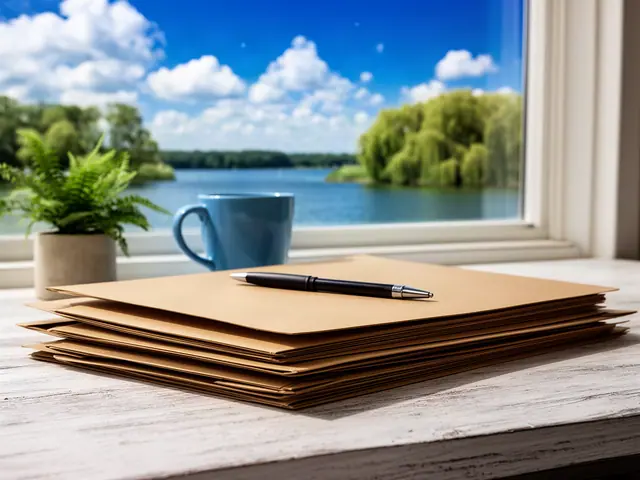 Stack of closed kraft folders with a black pen on a whitewashed desk by a window overlooking a lake