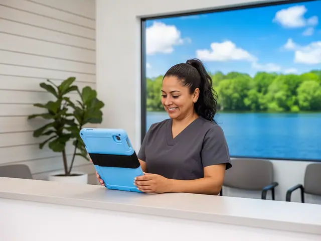 Smiling clinic office manager in grey scrubs reviewing a tablet behind a pale reception counter